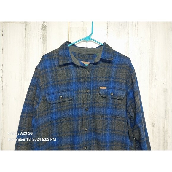 Orvis Mens Medium Heavy Flannel Shirt Jacket Blue & Gray Plaid Lumberjack - Picture 3 of 7